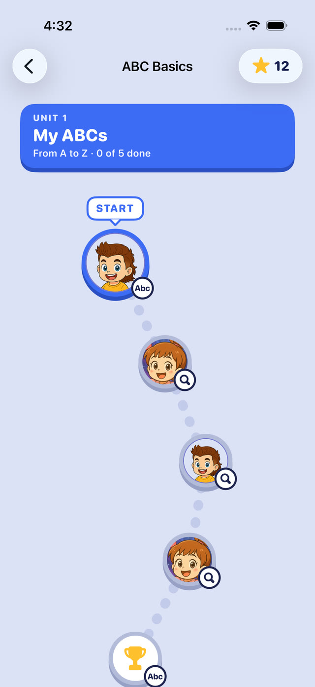 The lesson path on an iPhone: Unit 1, My ABCs, with stops leading down to a trophy.