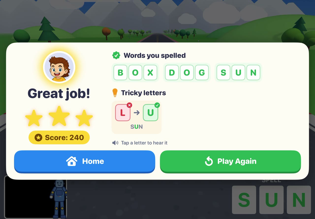 The end-of-game report on an iPad: Great job, three stars, the words spelled, and one tricky letter.
